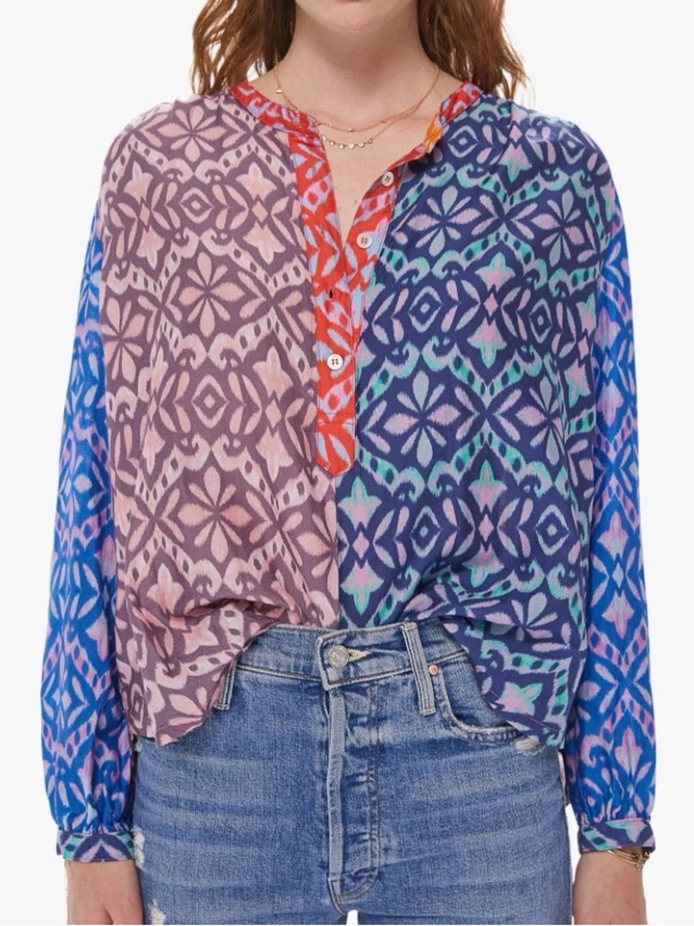 Xirena Top Blue Ikat Paisley Print Silk Blend Huntley Long Sleeve size XS
